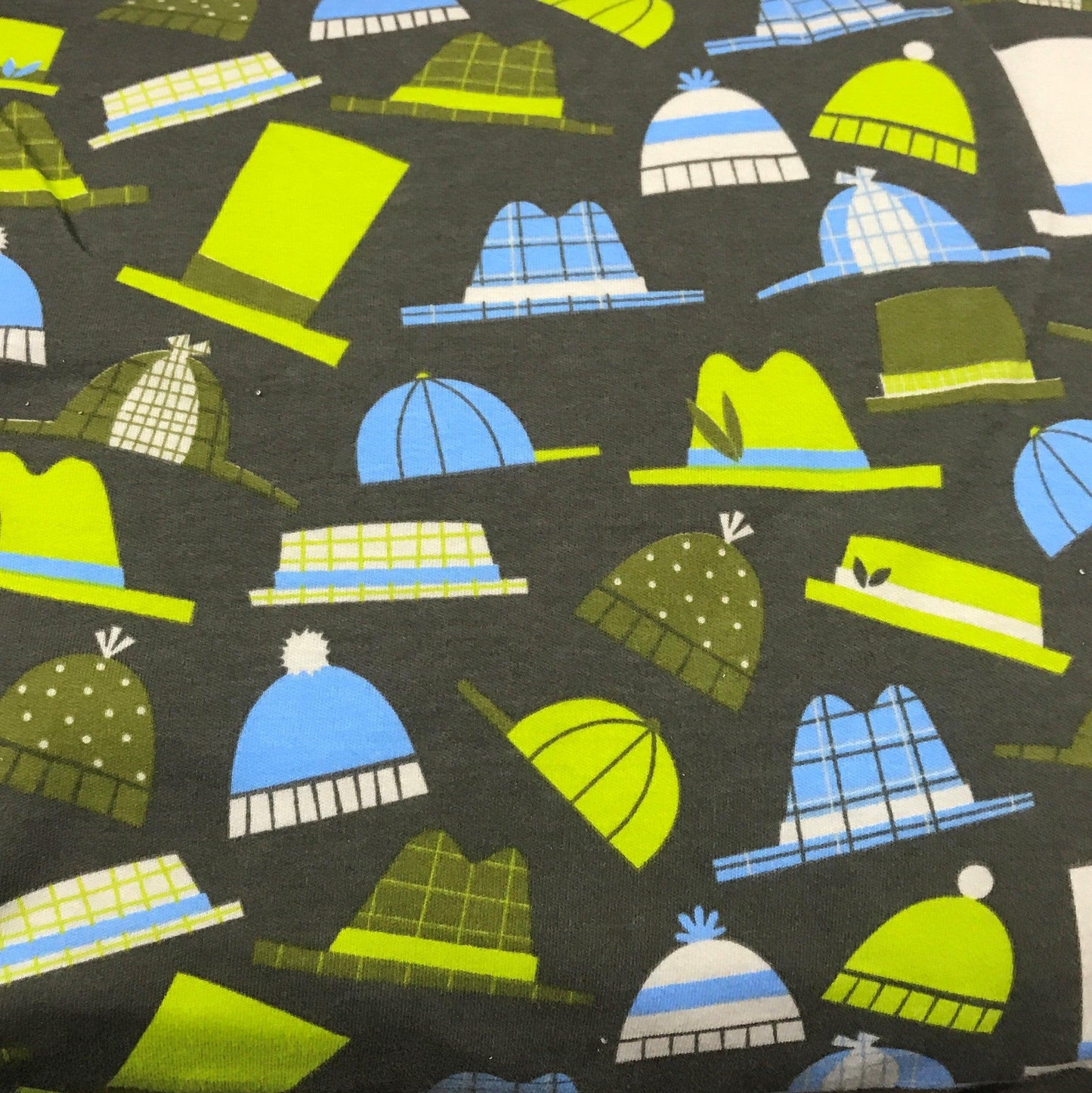 Hats on Gray Cotton Interlock Fabric - Nature's Fabrics