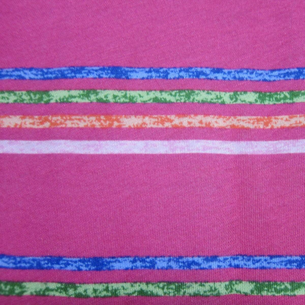 Nature's Fabrics pink cotton material with blue, green, and orange horizontal stripes