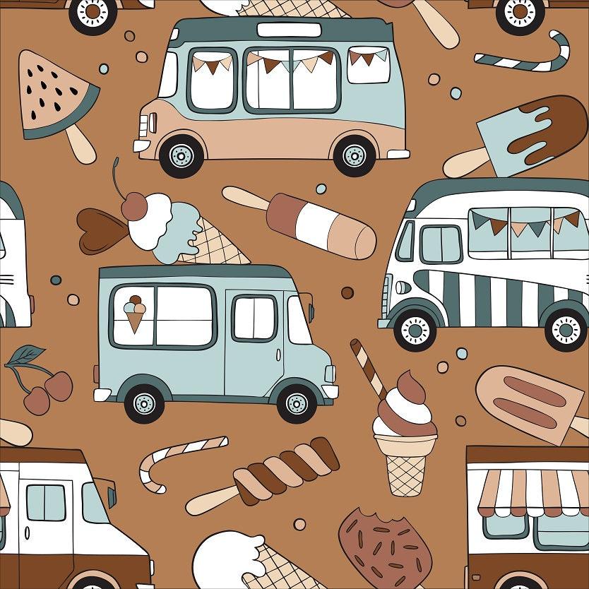 Ice Cream Trucks on Brown 1 mil PUL Fabric - Made in the USA - Nature's Fabrics