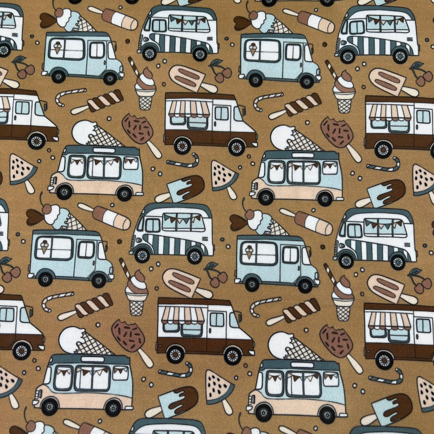 Ice Cream Trucks on Brown 1 mil PUL Fabric - Made in the USA - Nature's Fabrics