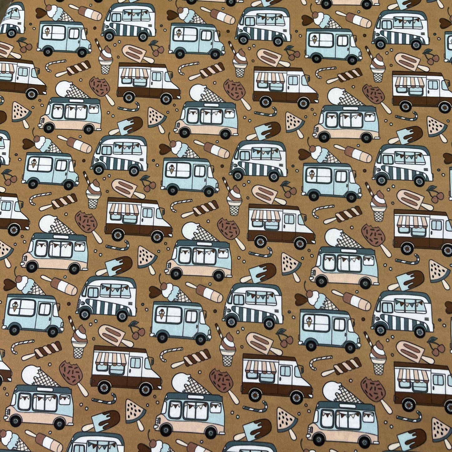 Ice Cream Trucks on Brown 1 mil PUL Fabric - Made in the USA - Nature's Fabrics