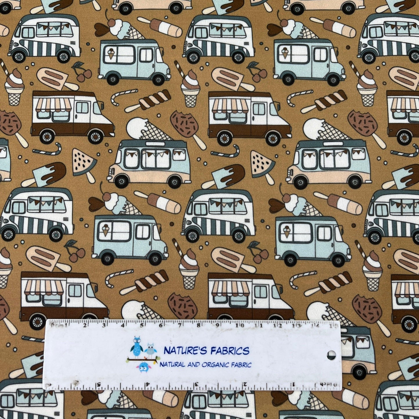 Ice Cream Trucks on Brown 1 mil PUL Fabric - Made in the USA - Nature's Fabrics