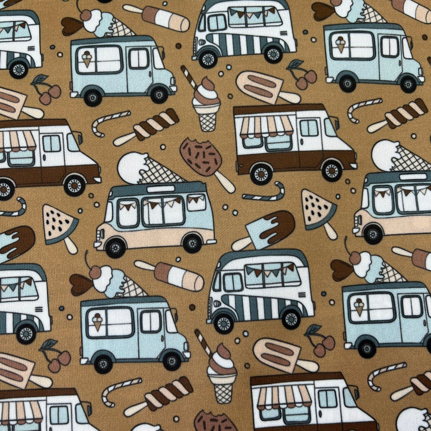 Ice Cream Trucks on Brown 1 mil PUL Fabric - Made in the USA - Nature's Fabrics