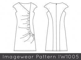 Imagewear Pattern IW10005: front and back technical sketch of a ruched sleeveless dress.