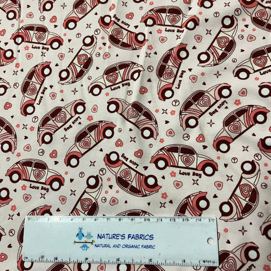 Nature's Fabrics organic cotton fabric with red vintage car and heart print