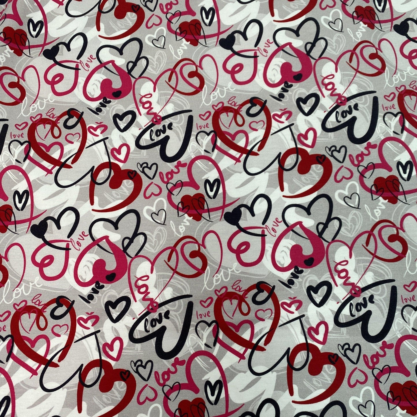 Love Hearts on Gray Bamboo/Spandex Jersey Fabric - Nature's Fabrics