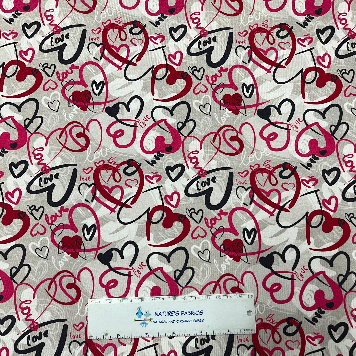 Love Hearts on Gray Bamboo/Spandex Jersey Fabric - Nature's Fabrics