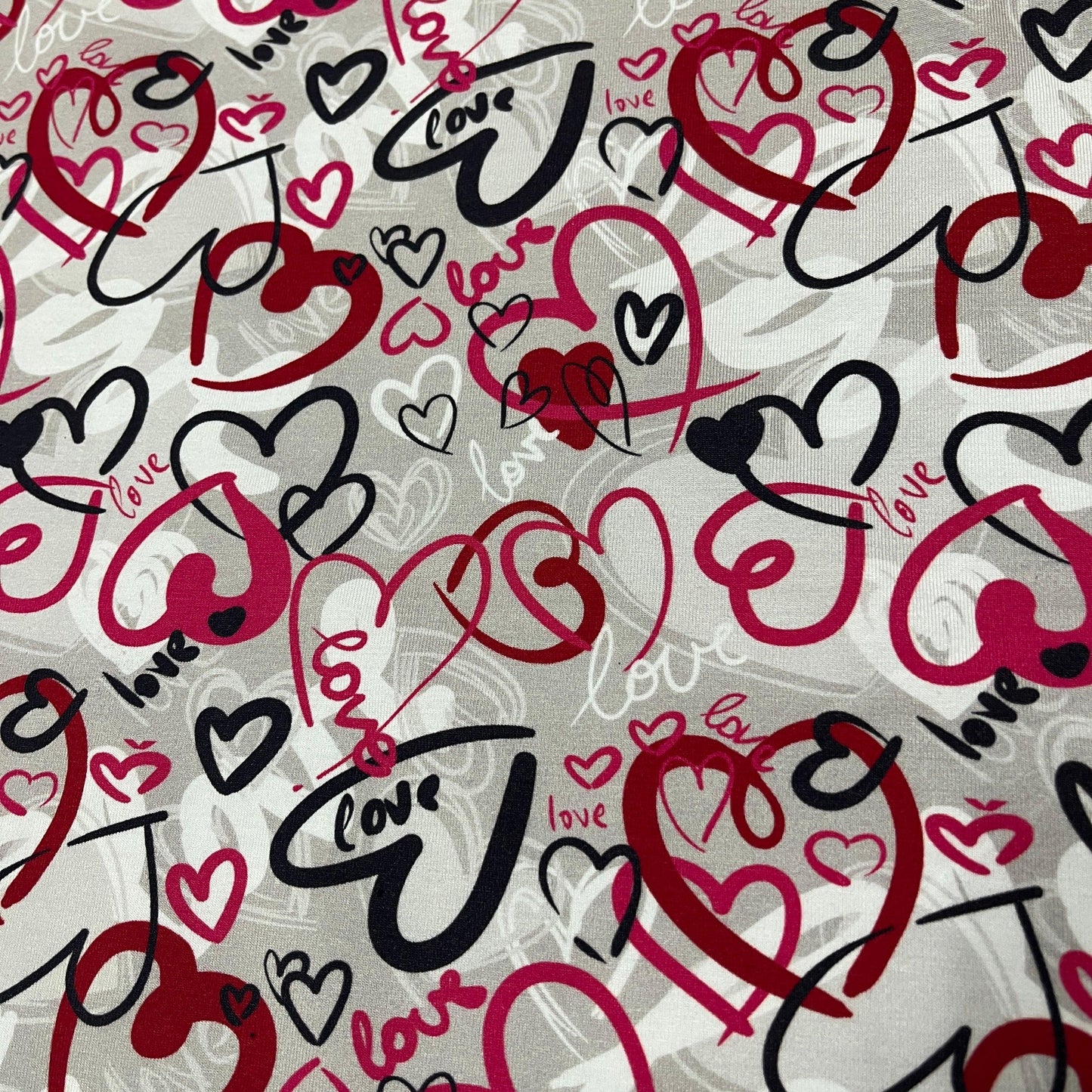 Love Hearts on Gray Bamboo/Spandex Jersey Fabric - Nature's Fabrics