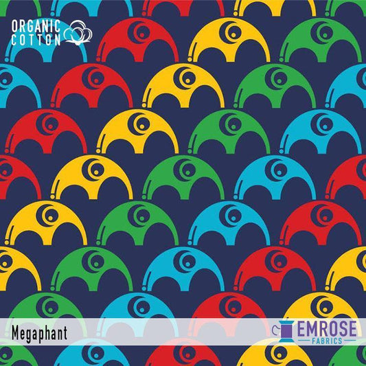 Emrose Fabrics organic cotton fabric featuring a colorful repeating elephant pattern.