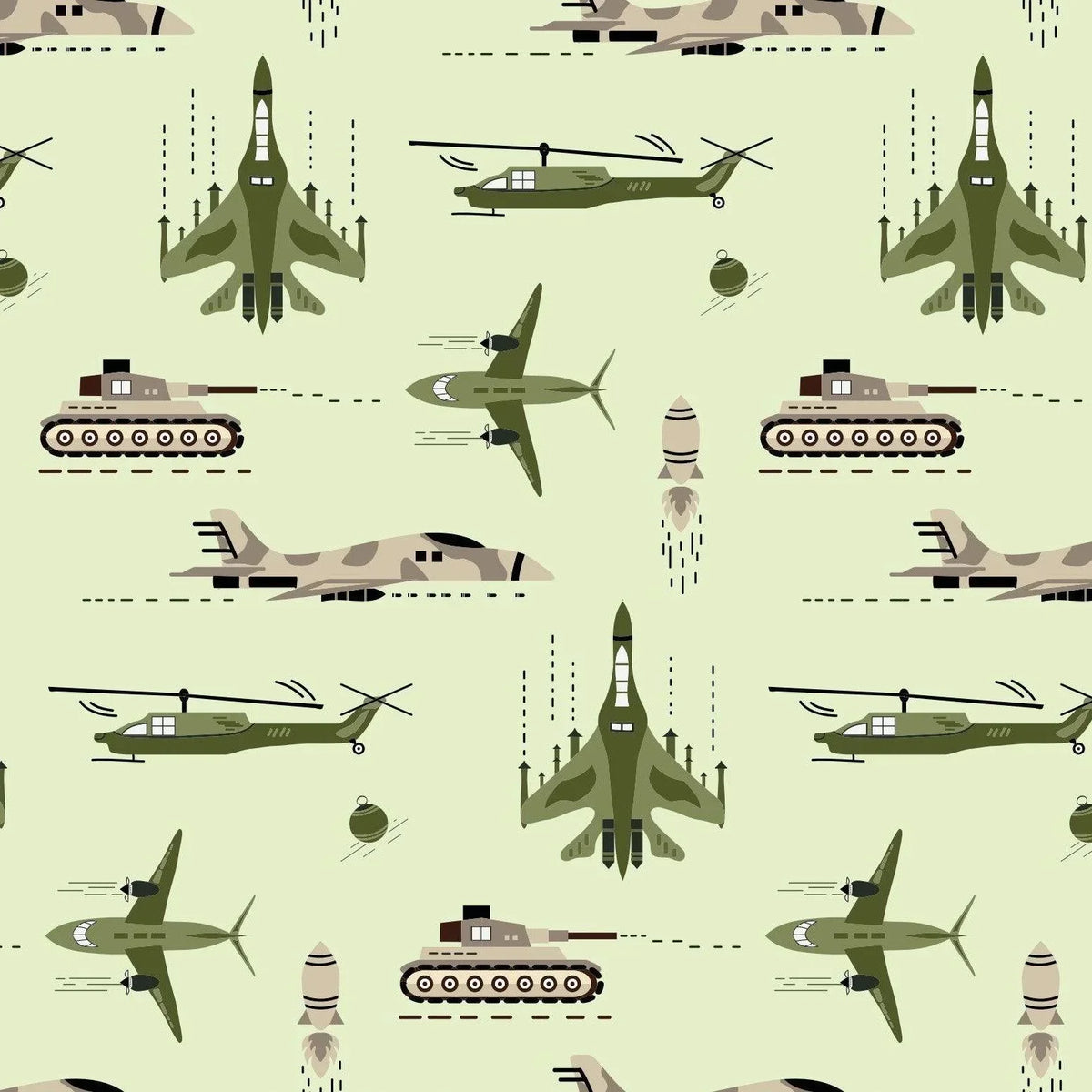Nature's Fabrics olive green seamless pattern with military tanks, jets, and helicopters.
