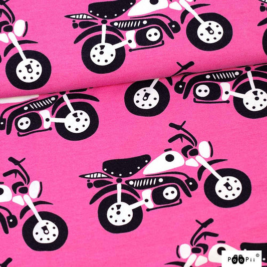 Moped on Pink Organic Cotton/Spandex Jersey Fabric - Nature's Fabrics