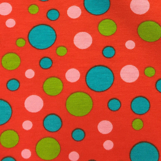 Multicolor Dots on Red Cotton/Spandex Jersey Fabric - Nature's Fabrics