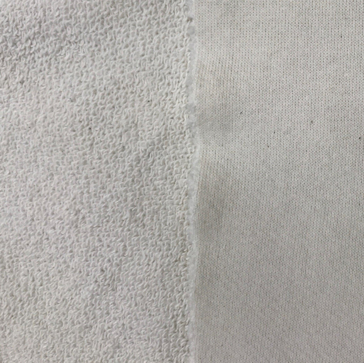 Close-up comparison of two white Nature's Fabrics textile textures: terry cloth and smooth knit.