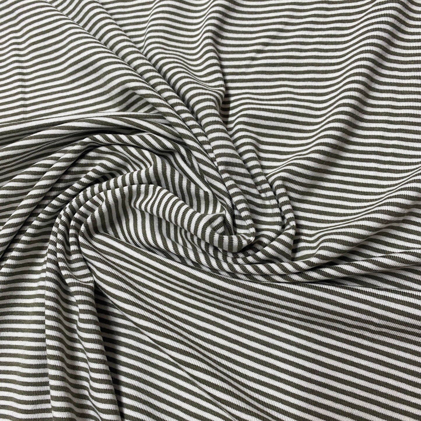 Olive and White 2mm Stripes on Bamboo/Spandex Jersey Fabric - Nature's Fabrics
