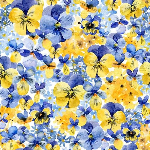 Pansy Toss on Bamboo Stretch French Terry Fabric - Nature's Fabrics