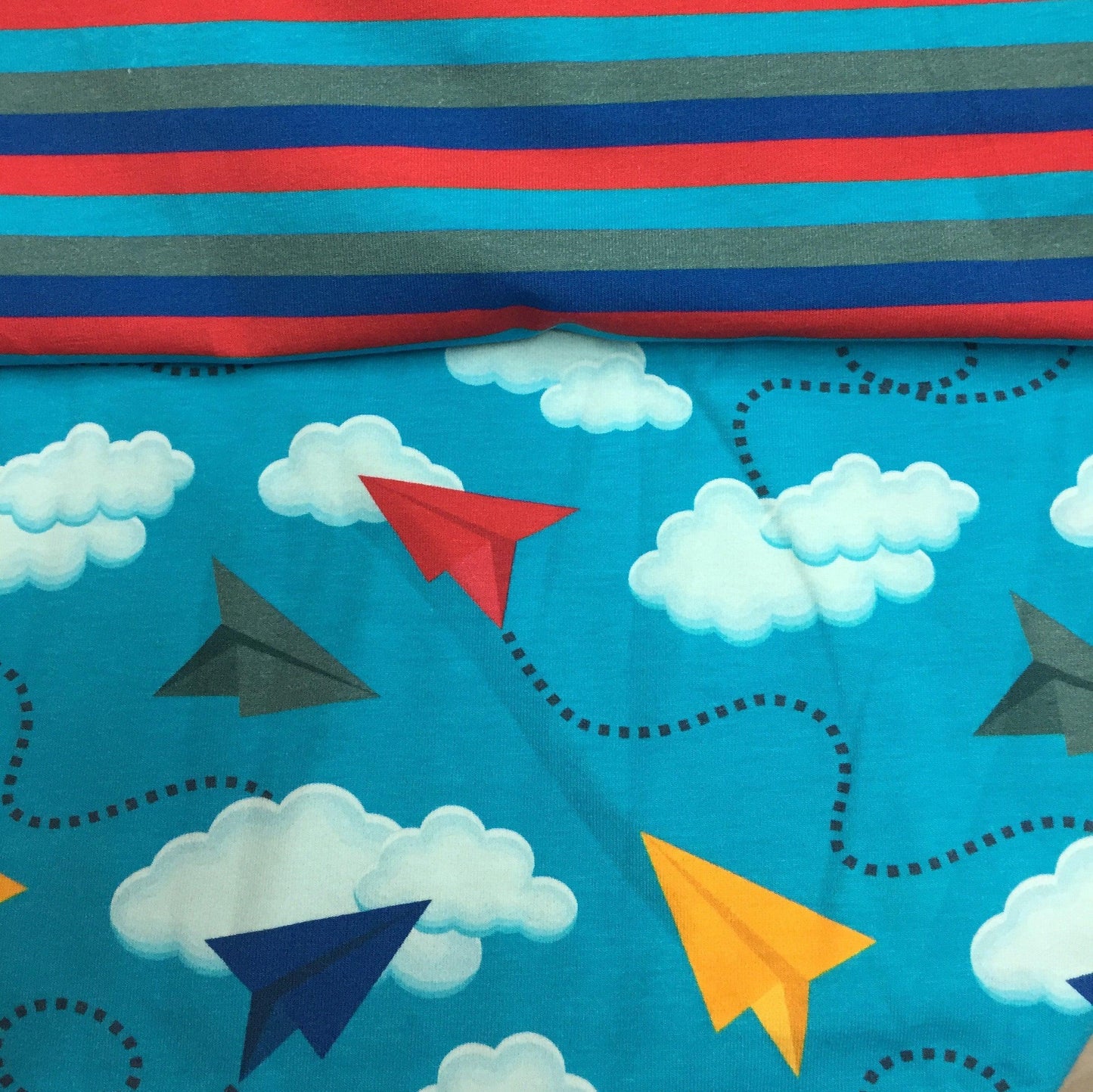 Paper Airplane Red Stripe on Organic Cotton/Spandex Jersey Fabric - Nature's Fabrics