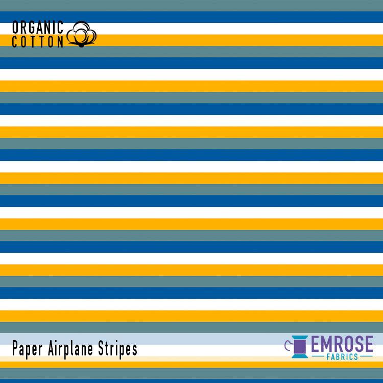 Paper Airplane Yellow Stripe on Organic Cotton/Spandex Jersey Fabric - Nature's Fabrics