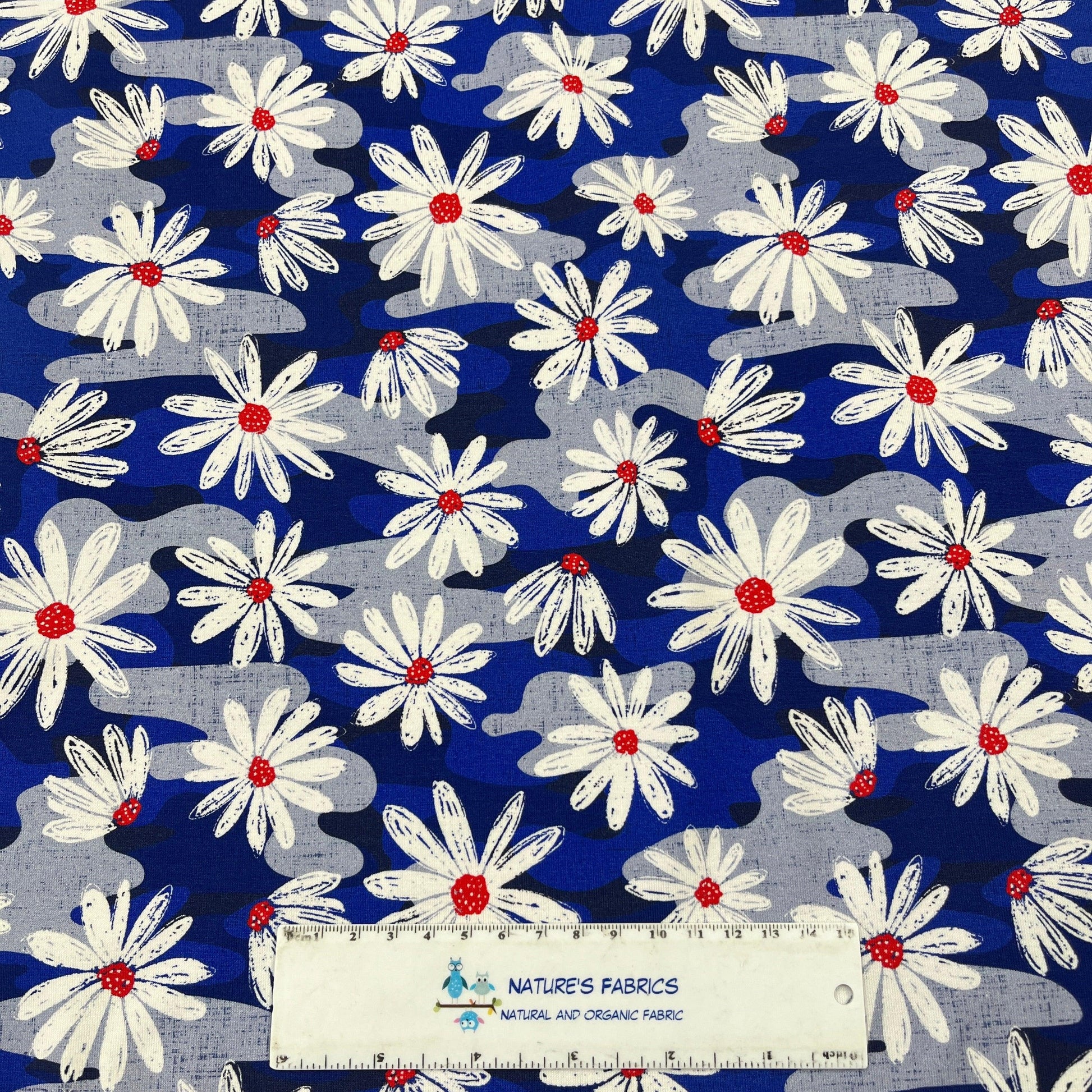 Patriotic Daisies on Bamboo/Spandex Jersey Fabric - Nature's Fabrics