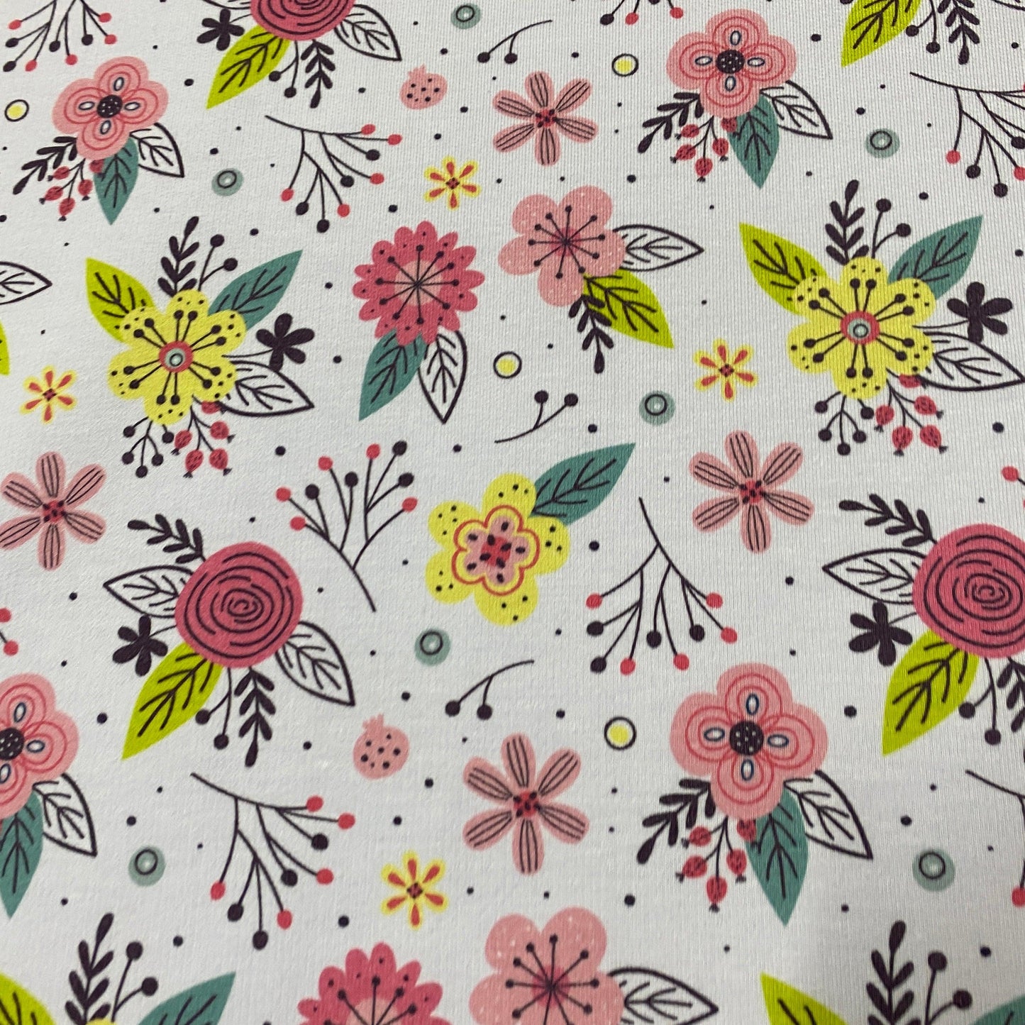 Pink and Yellow Flowers on Bamboo/Spandex Jersey Fabric - Nature's Fabrics