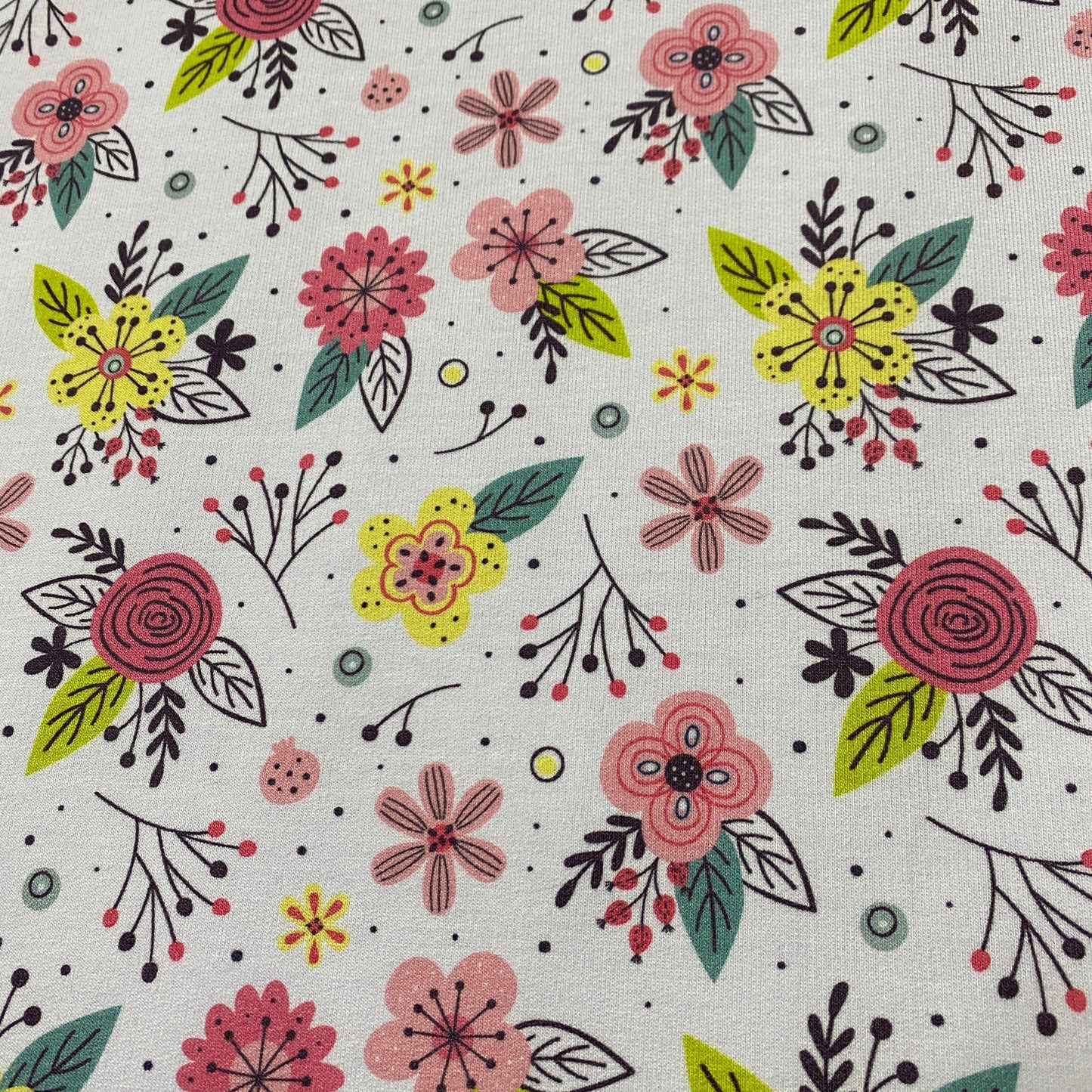 Pink and Yellow Flowers on Bamboo/Spandex Jersey Fabric - Nature's Fabrics