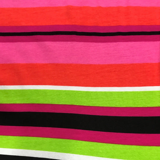 Nature's Fabrics multi-colored striped fabric in pink, red, lime green, and black.