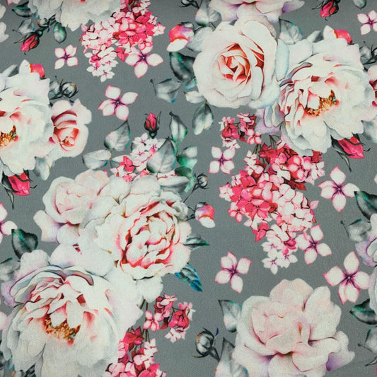 Pink Roses on Gray 1 mil PUL Fabric - Made in the USA - Nature's Fabrics