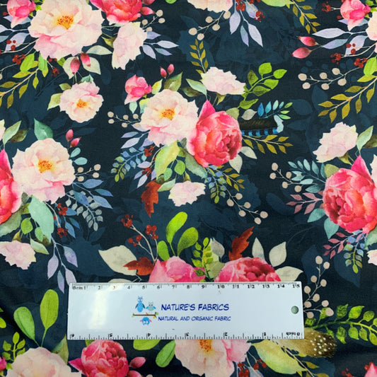 Pink Roses on Navy 1 mil PUL - Made in the USA - Nature's Fabrics
