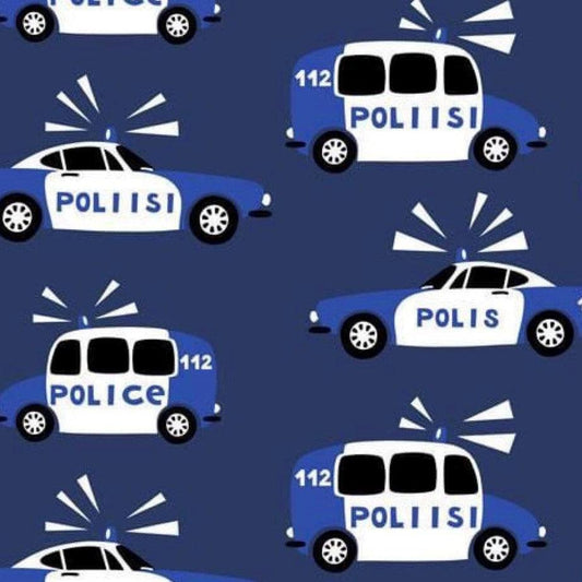 Nature's Fabrics blue fabric with a pattern of blue and white police cars.