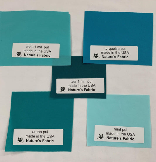 Four Nature's Fabric PUL fabric swatches in teal, turquoise, mint, and aruba colors.