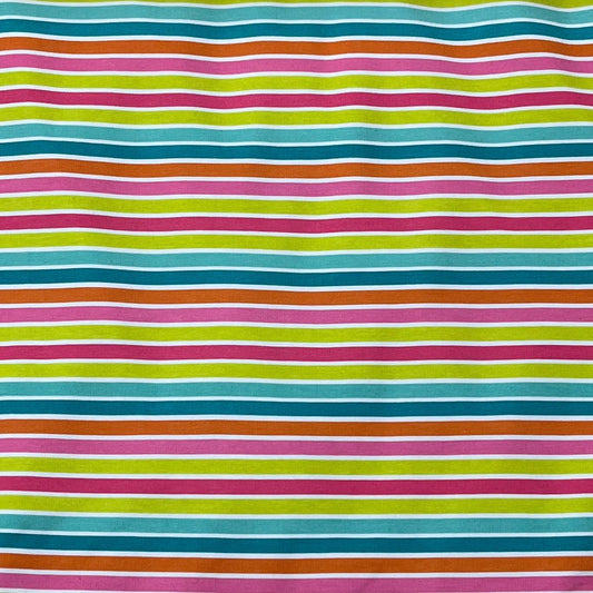 Nature's Fabrics multi-colored horizontal striped natural fabric in pink, green, blue, and orange.