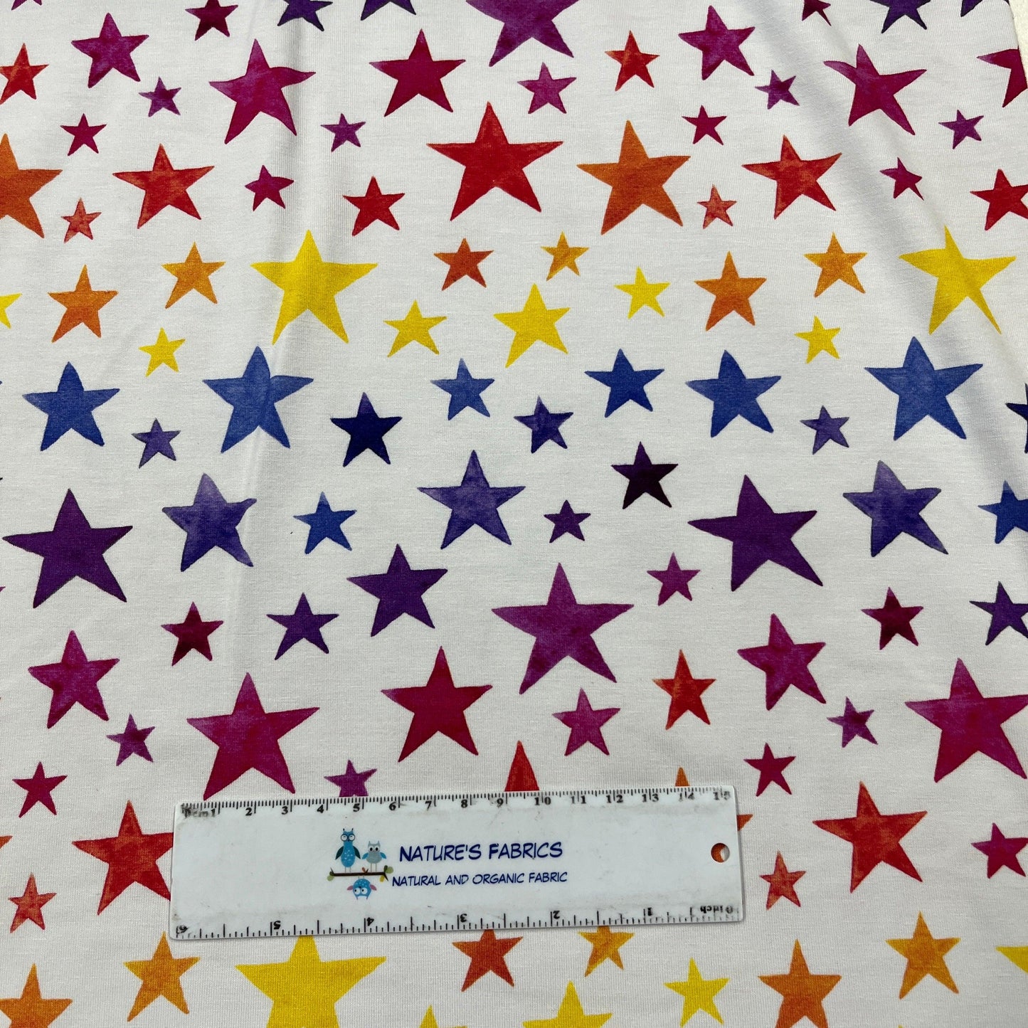 Rainbow Stars on Bamboo/Spandex Jersey Fabric - Nature's Fabrics