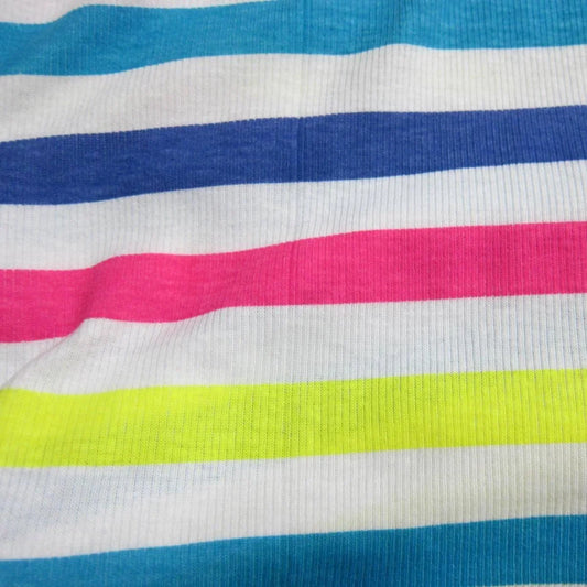 Nature's Fabrics colorful striped organic cotton fabric with blue, pink, and yellow lines