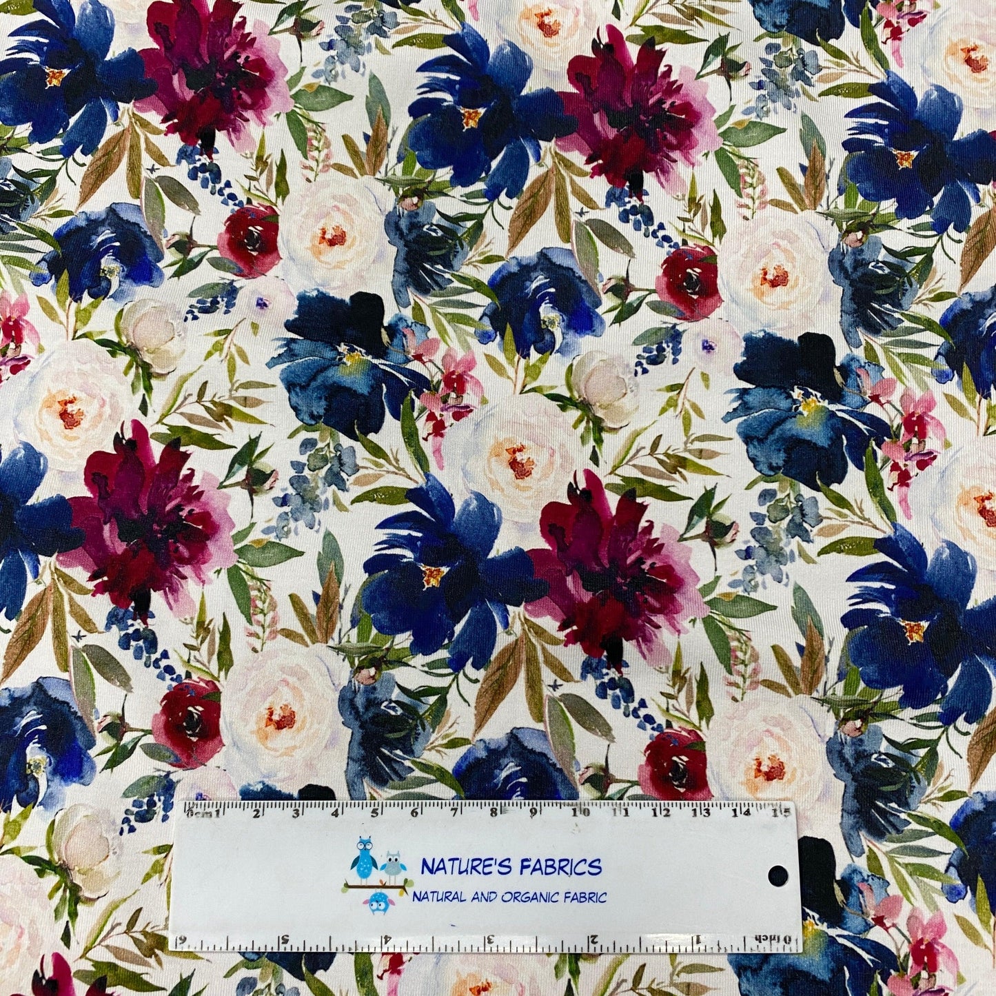 Red and Blue Flowers on Bamboo/Spandex Jersey Fabric - Nature's Fabrics