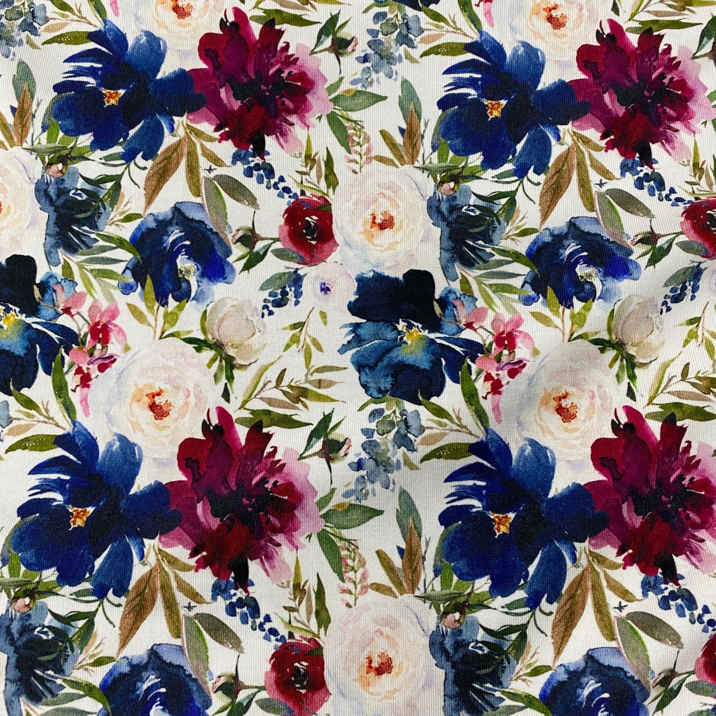 Red and Blue Flowers on Bamboo/Spandex Jersey Fabric - Nature's Fabrics