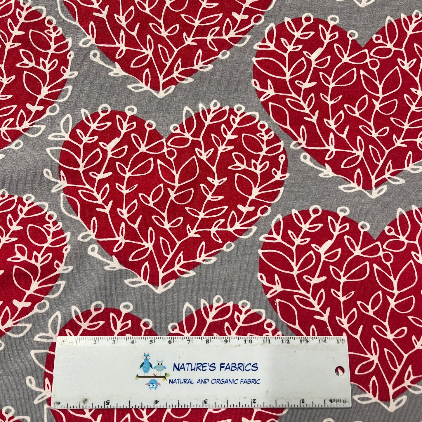 Red Lempi on Gray Organic Cotton/Spandex Jersey Fabric - Nature's Fabrics