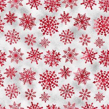 Red watercolor snowflake pattern on a grey textured background by Nature's Fabrics