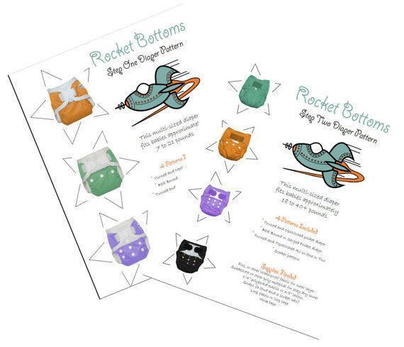 Rocket Bottoms Step One and Step Two diaper pattern instructions with colorful diaper examples