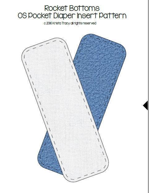 Rocket Bottoms OS Pocket Diaper Insert Pattern showing white and blue fabric templates.