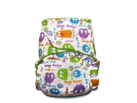Nature's Fabrics reusable cloth diaper with colorful monster print