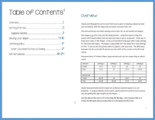 Nature's Fabrics diaper sewing pattern instructions with table of contents and size chart.