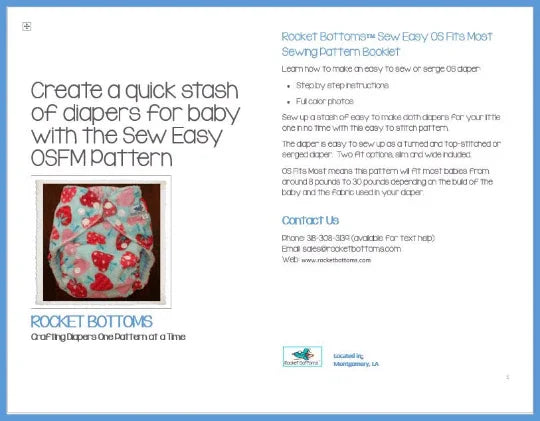 Rocket Bottoms Sew Easy OSFM sewing pattern booklet featuring a colorful baby diaper.
