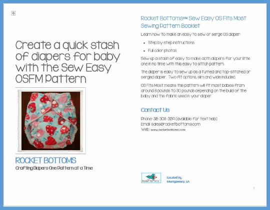 Rocket Bottoms Sew easy One Size Fits Most