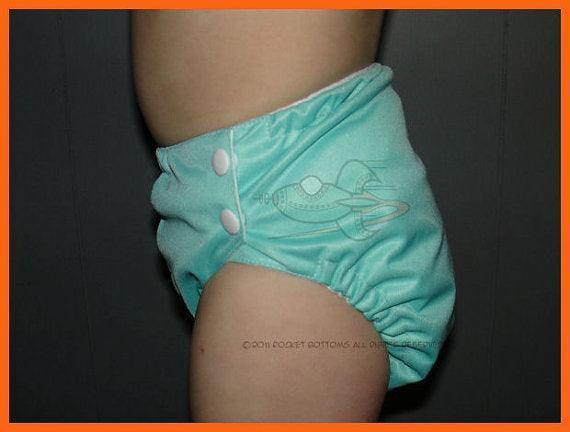 Nature's Fabrics light blue cloth diaper with white buttons and decorative embroidery