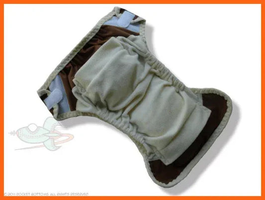 Reusable cloth menstrual pad by Rocket Bottoms in brown and cream