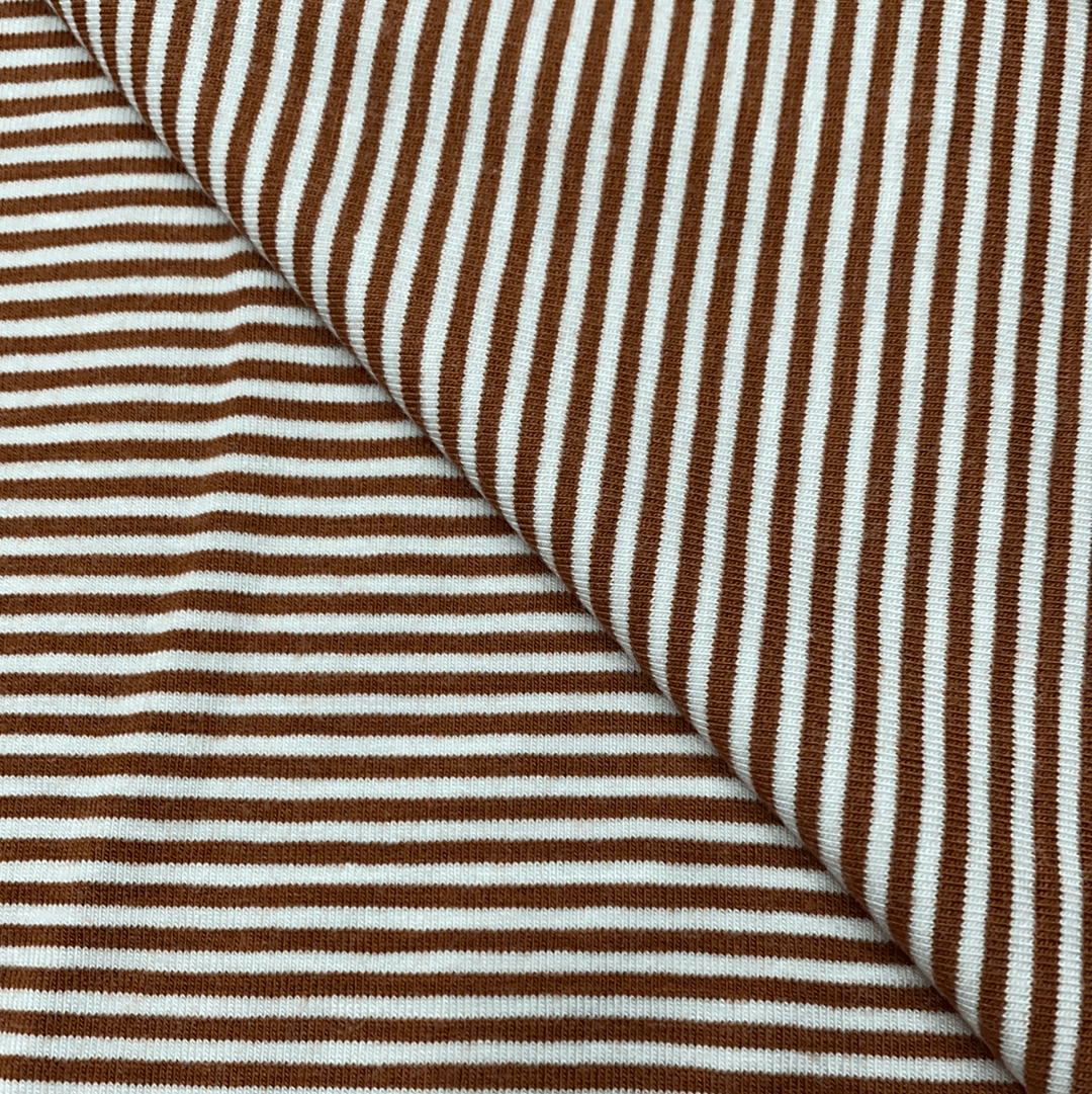 Rust and White 2mm Stripes on Bamboo/Spandex Jersey Fabric - Nature's Fabrics