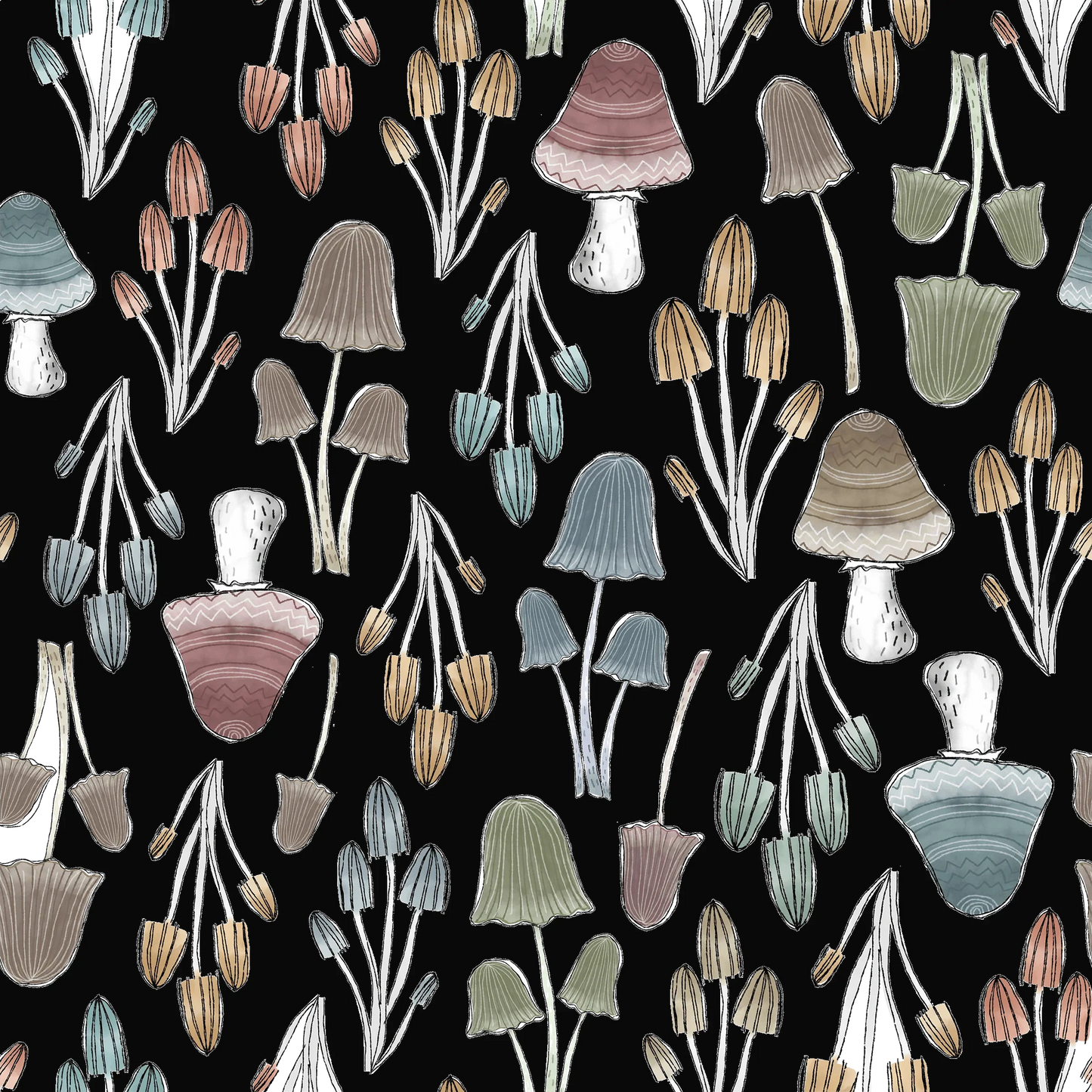 Sketched Mushrooms 1 mil PUL Fabric - Made in the USA - Nature's Fabrics