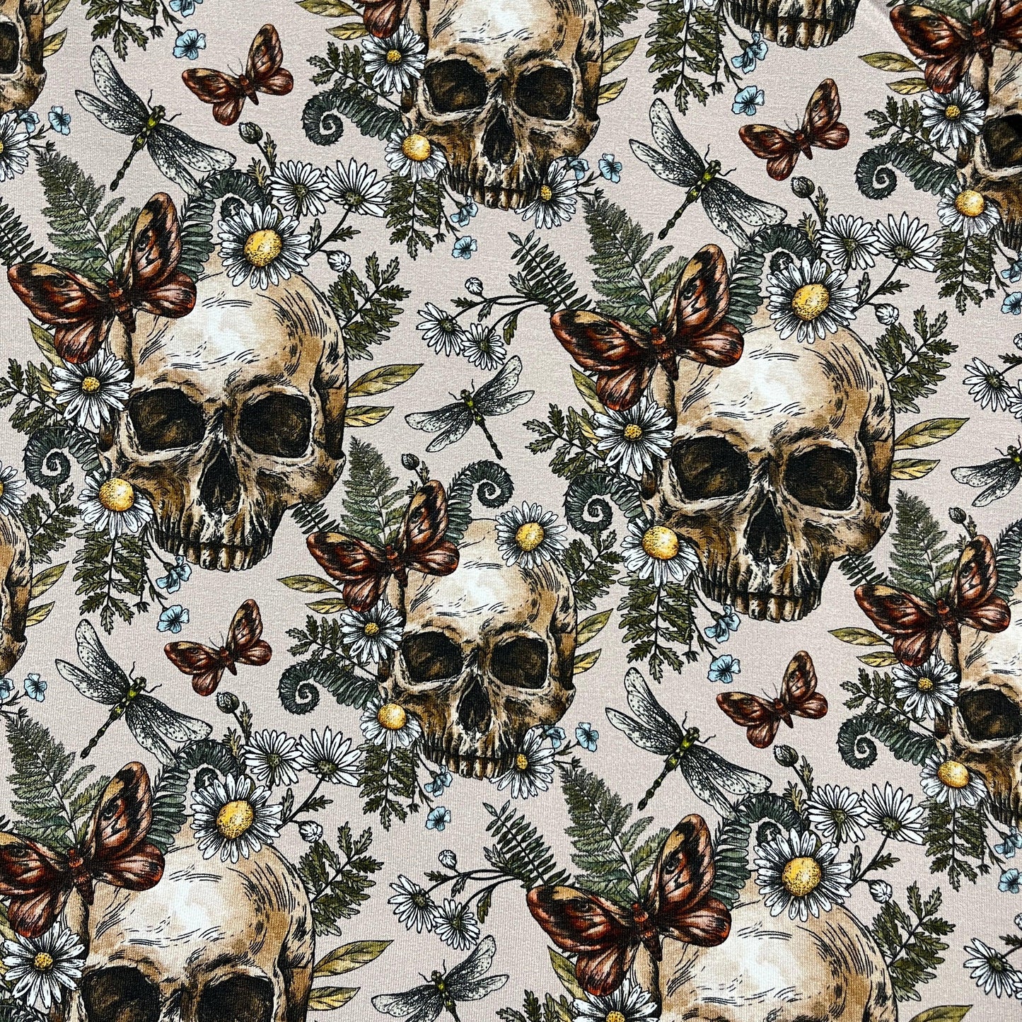 Skulls and Daisies on Bamboo/Spandex Jersey Fabric - Nature's Fabrics