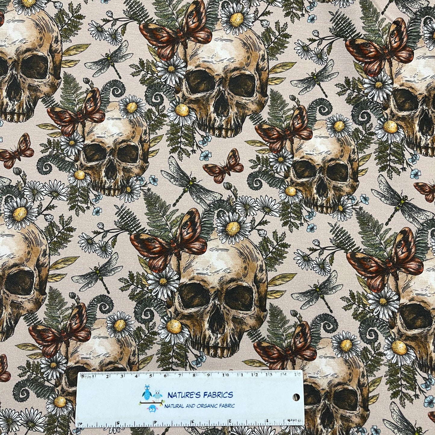 Skulls and Daisies on Bamboo/Spandex Jersey Fabric - Nature's Fabrics