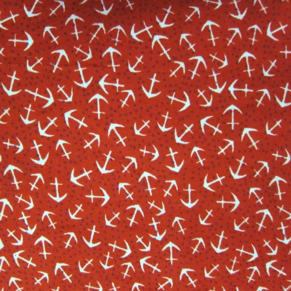 Small White Anchors on Red Cotton/Poly Jersey Fabric - Nature's Fabrics