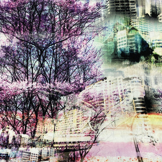 Nature's Fabrics abstract art featuring purple blossoms layered over a cityscape.